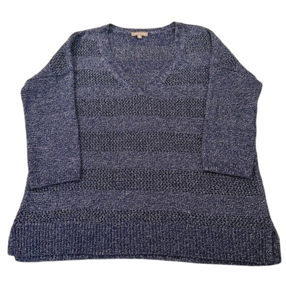 Lilla P Navy Blue Marled V-Neck Knit Sweater 3/4 Sleeve Open Stitch Pullover M
